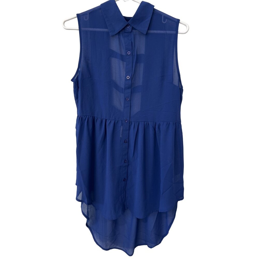 Design Recipe Button Front Shirt Dress Size Large Sleeveless Hi Low Blue Flowy